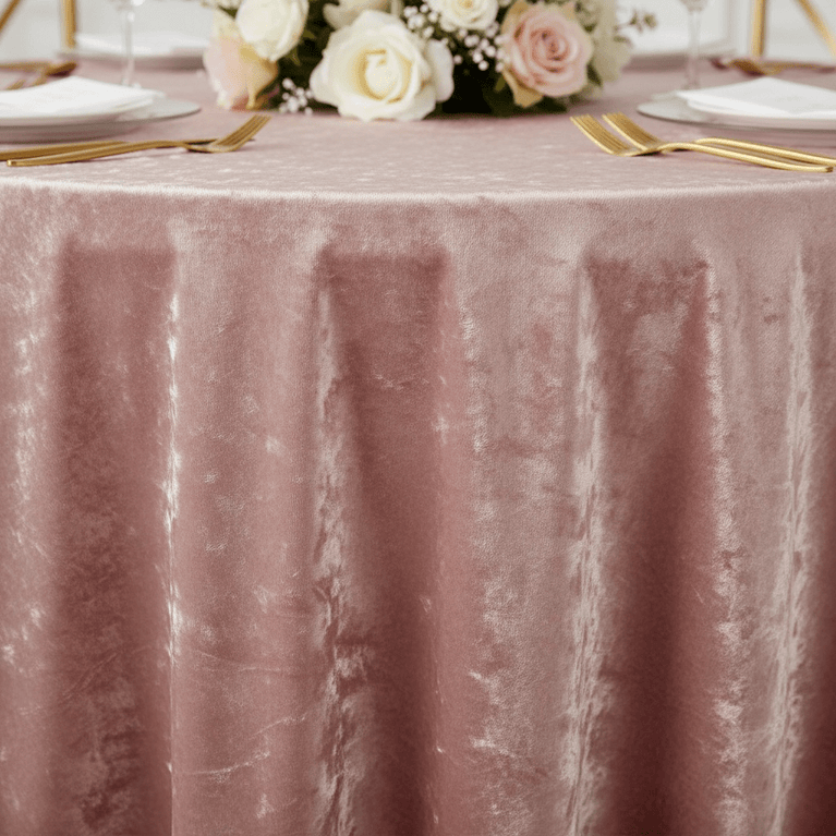 Dusty pink velvet tablecloth on a table with floral centerpiece and gold cutlery.