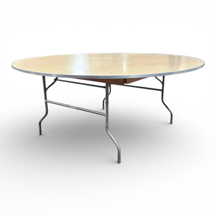 Round wooden table with metal frame on a white background