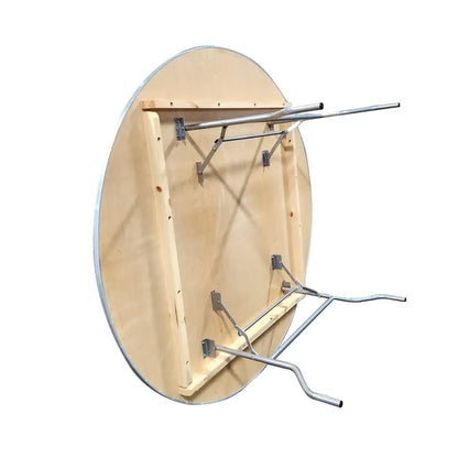 Wooden round table with metal brackets on a white background