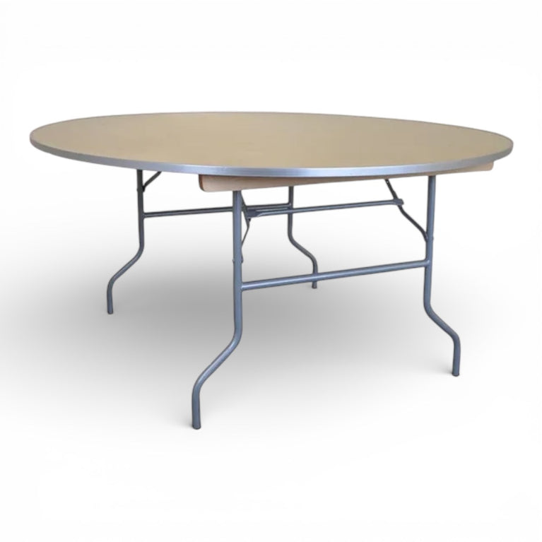 Round beige folding table on a white background