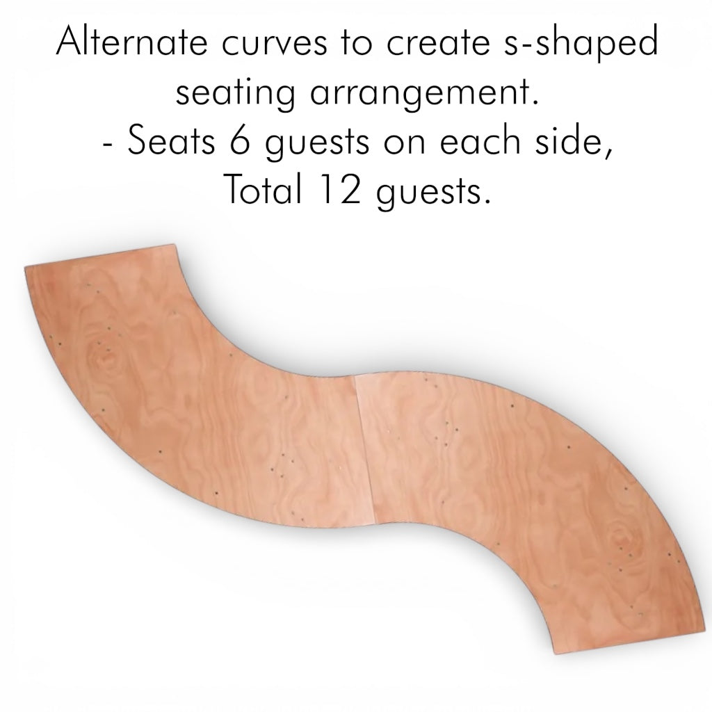 Wooden seating arrangement with s-shaped design on a white background