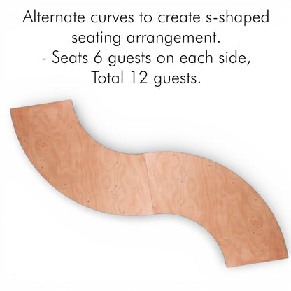 Wooden seating arrangement with s-shaped design on a white background