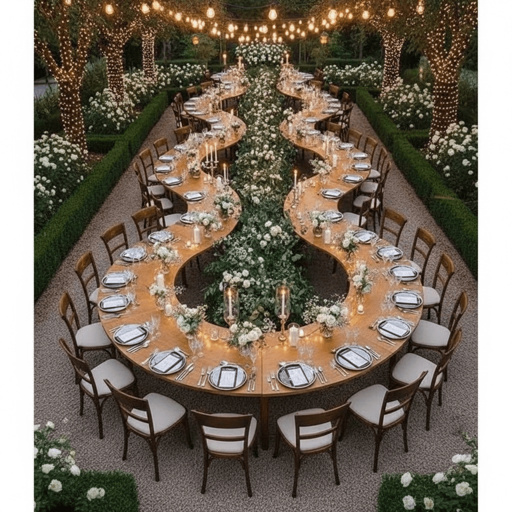 Decorative outdoor table setting with flowers and candles in a garden.