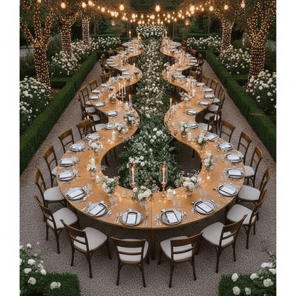 Decorative outdoor table setting with flowers and candles in a garden.
