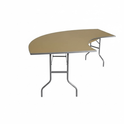 Curved folding table with beige top and metal frame on a white background