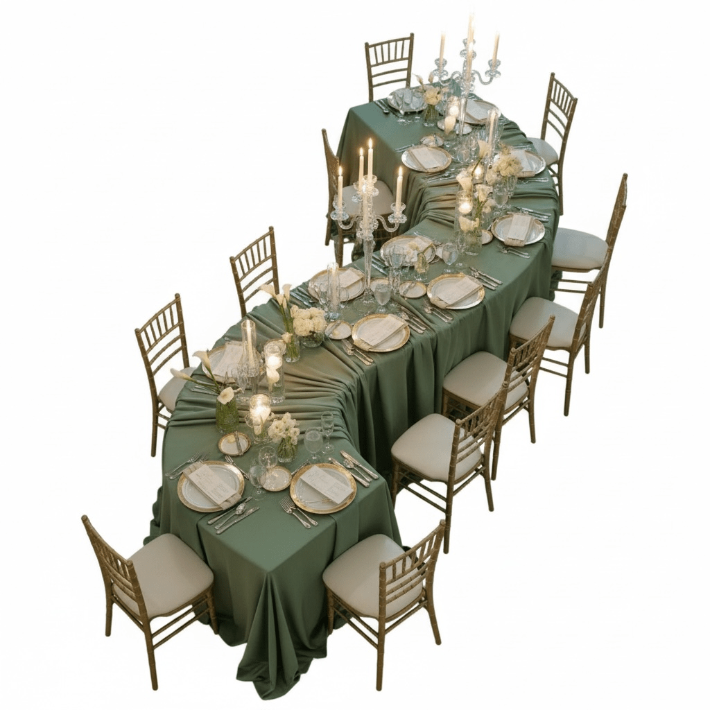 Elegant dining table set with green tablecloth, white plates, and silverware on a white background