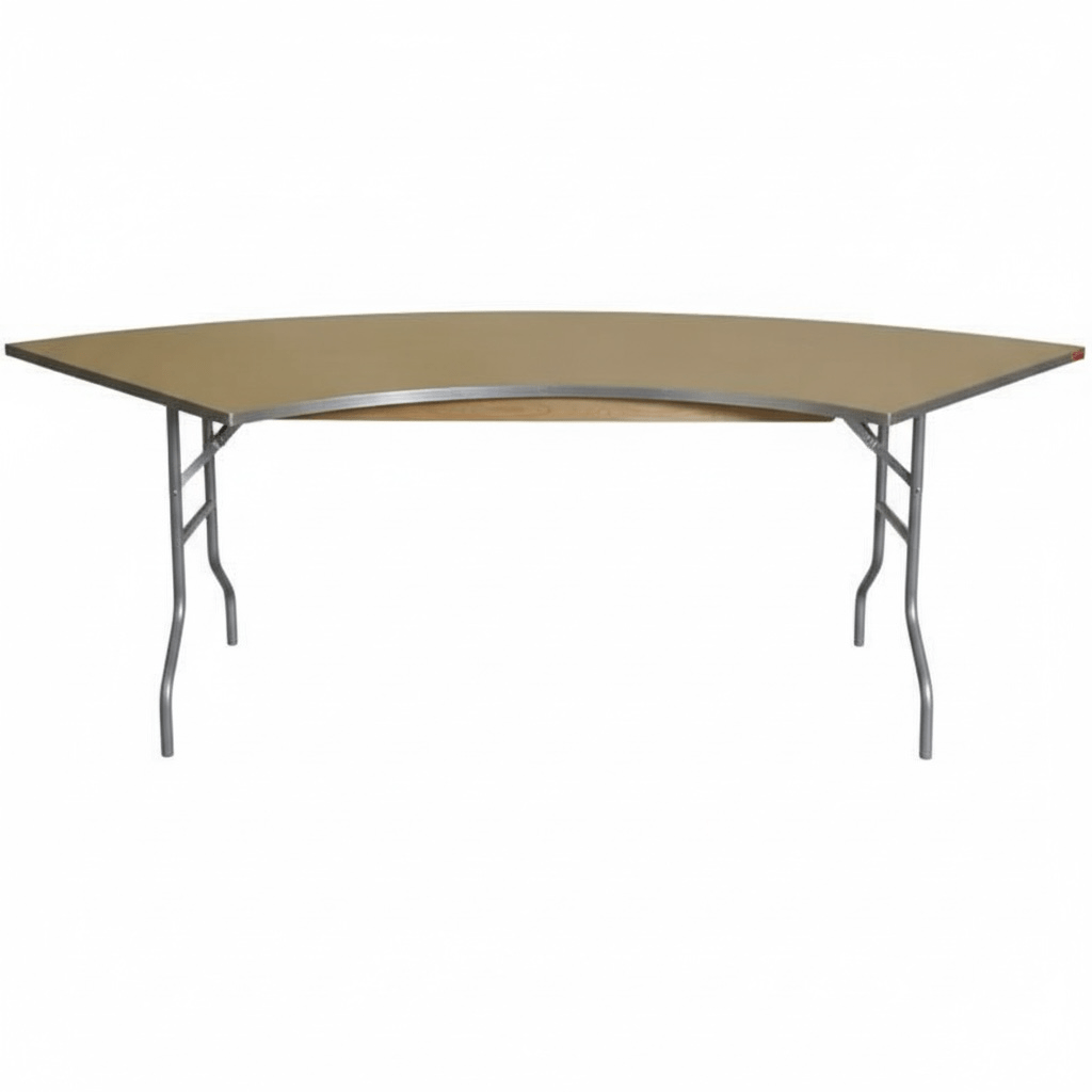 Beige folding table with metal legs on a white background