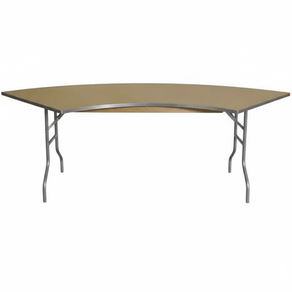 Beige folding table with metal legs on a white background
