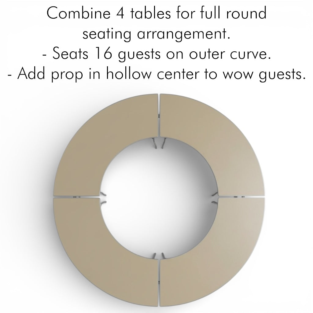 Round seating arrangement with four tables and a central prop on a white background
