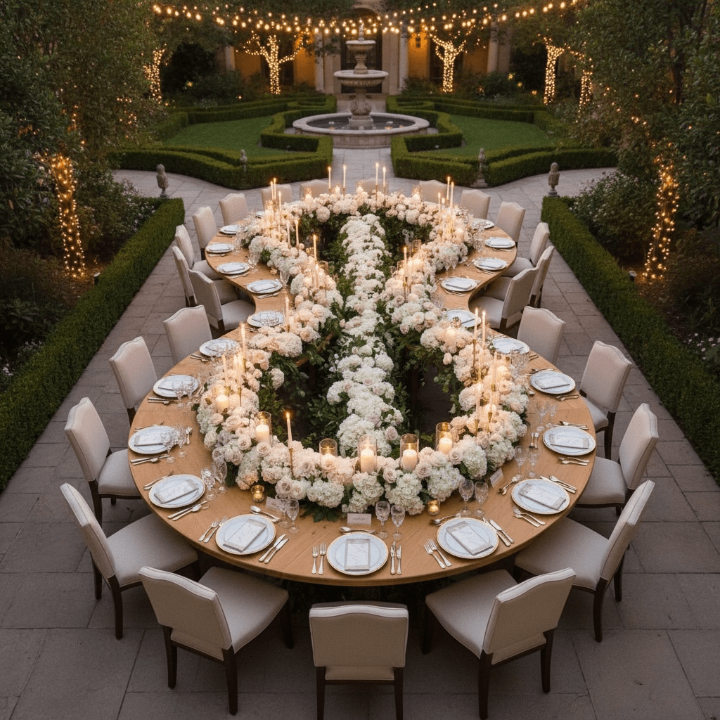 Elegant outdoor dinner table setting with white flowers and candles in a garden.