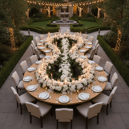 Elegant outdoor dinner table setting with white flowers and candles in a garden.