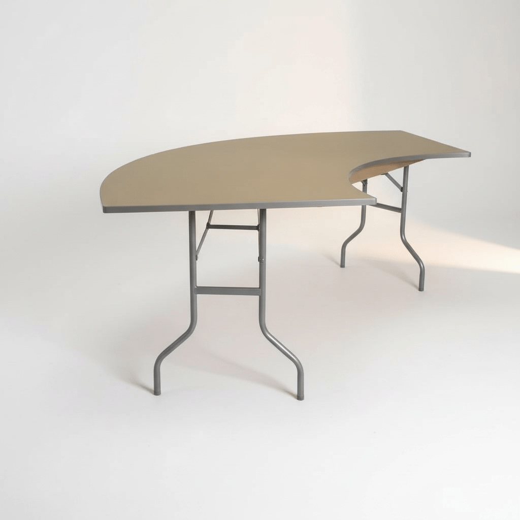 Curved folding table with metal frame on a white background