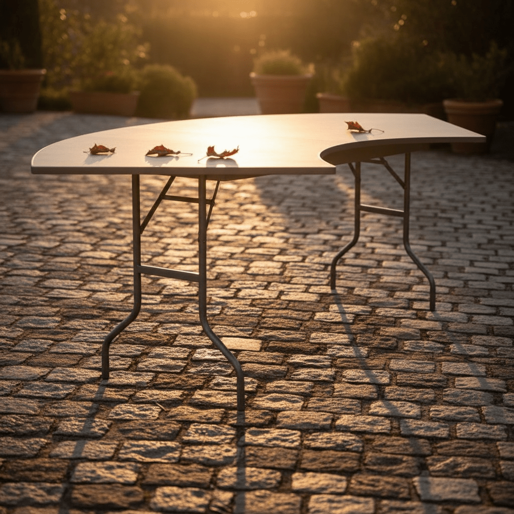 Two metal tables on a cobblestone patio with a warm sunset light.