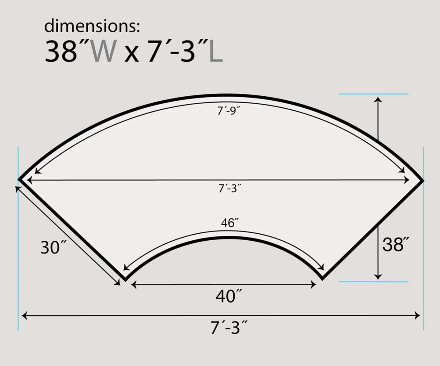 Measurement chart for a curved serpentine table with dimensions labeled