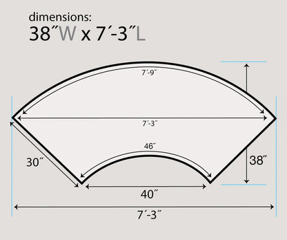 Measurement chart for a curved serpentine table with dimensions labeled