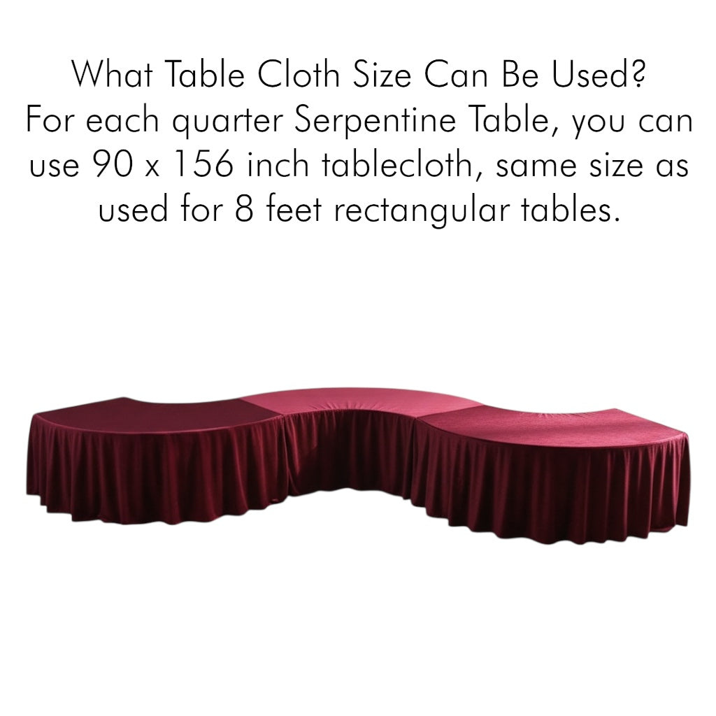 Maroon tablecloth on a quarter serpentine table with text about tablecloth size.