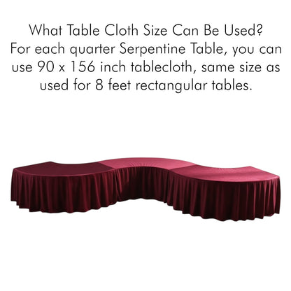 Maroon tablecloth on a quarter serpentine table with text about tablecloth size.