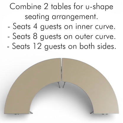 Two curved tables combined for a U-shaped seating arrangement with text describing guest seating capacity.
