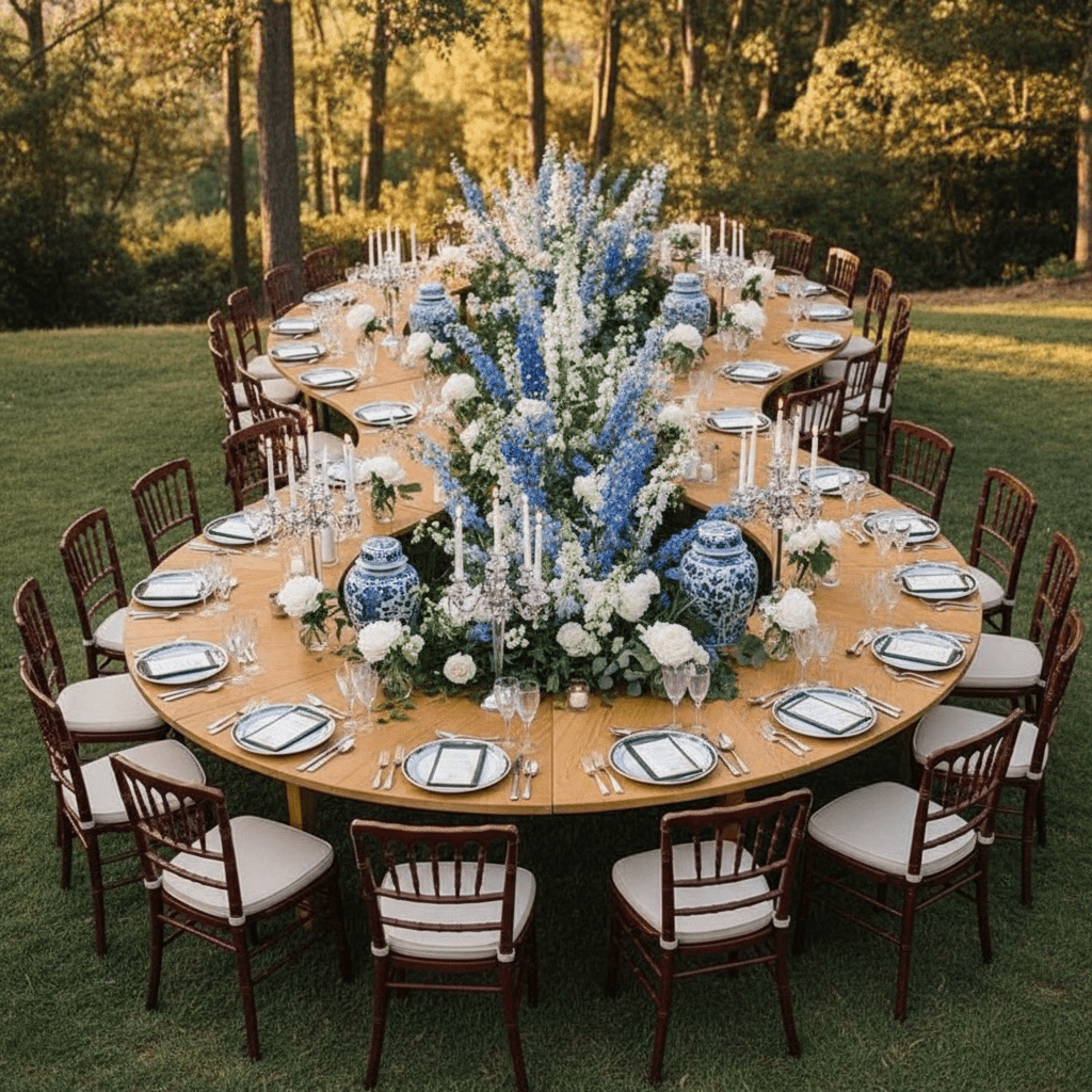Elegant outdoor table setting with floral centerpieces and chairs in a natural setting.