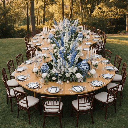 Elegant outdoor table setting with floral centerpieces and chairs in a natural setting.