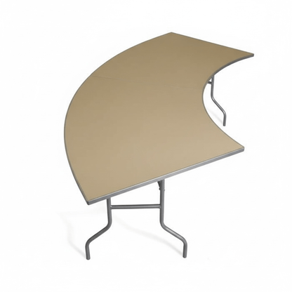 Half-circle table with beige top and metal frame on a white background