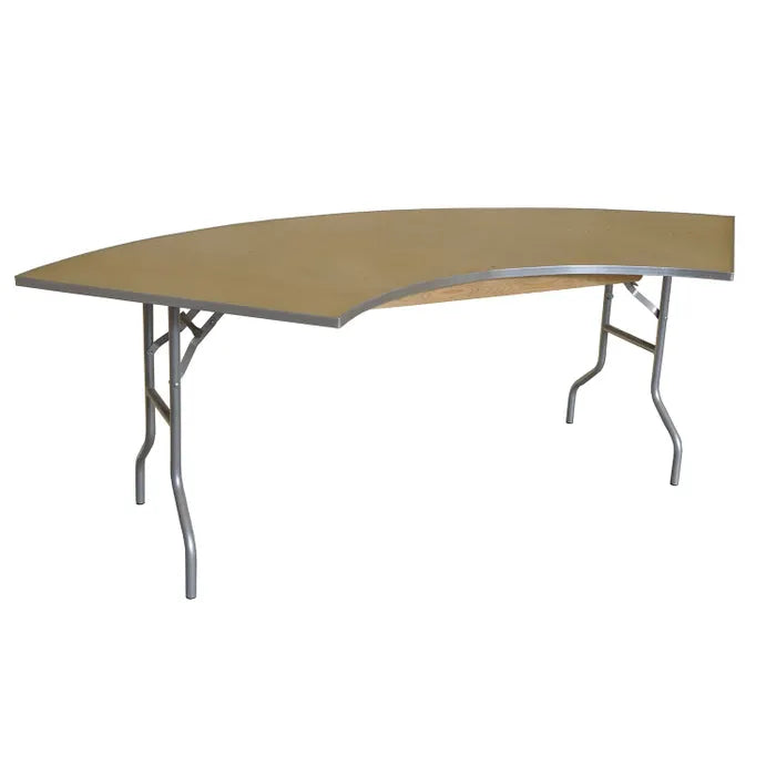 Curved folding table with beige top and metal frame on a white background