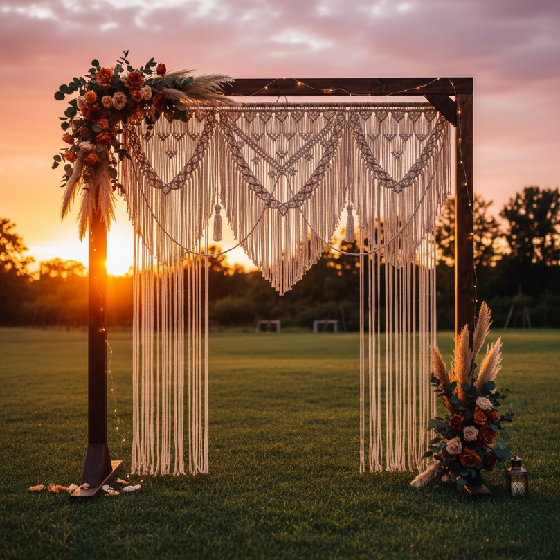 Decorative wooden arch with large macrame boho curtain, hanging lights and floral arrangements against a sunset sky.