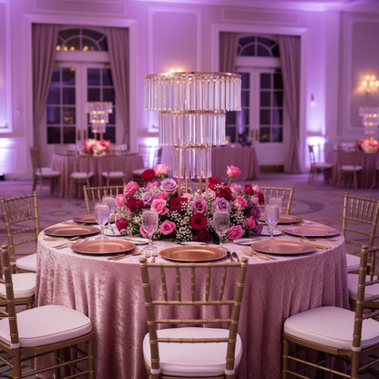 Decorated table with floral crystal centerpiece in a formal event setting