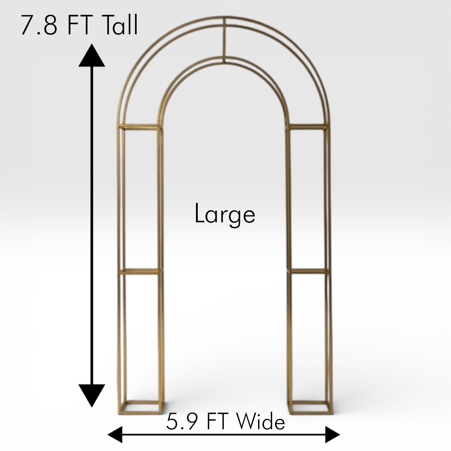 Metal backdrop arch with dimensions labeled on a white background
