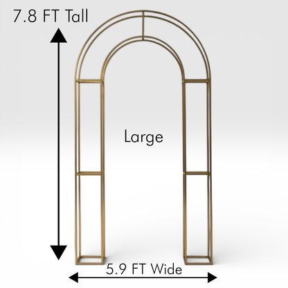 Metal backdrop arch with dimensions labeled on a white background