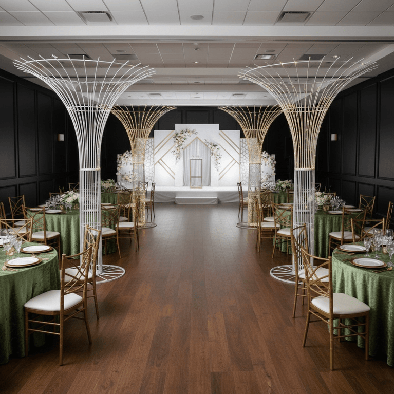 Decorated event space with white wedding tree props, tables, chairs, and a stage.