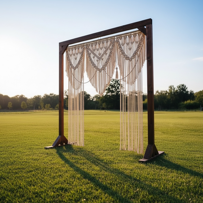 Decorative arch with large macrame boho curtain, string lights in a grassy field