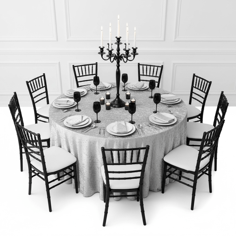 Round dining table set with silver velvet tablecloth, black chiavari chairs, candles, and tableware in a formal setting.