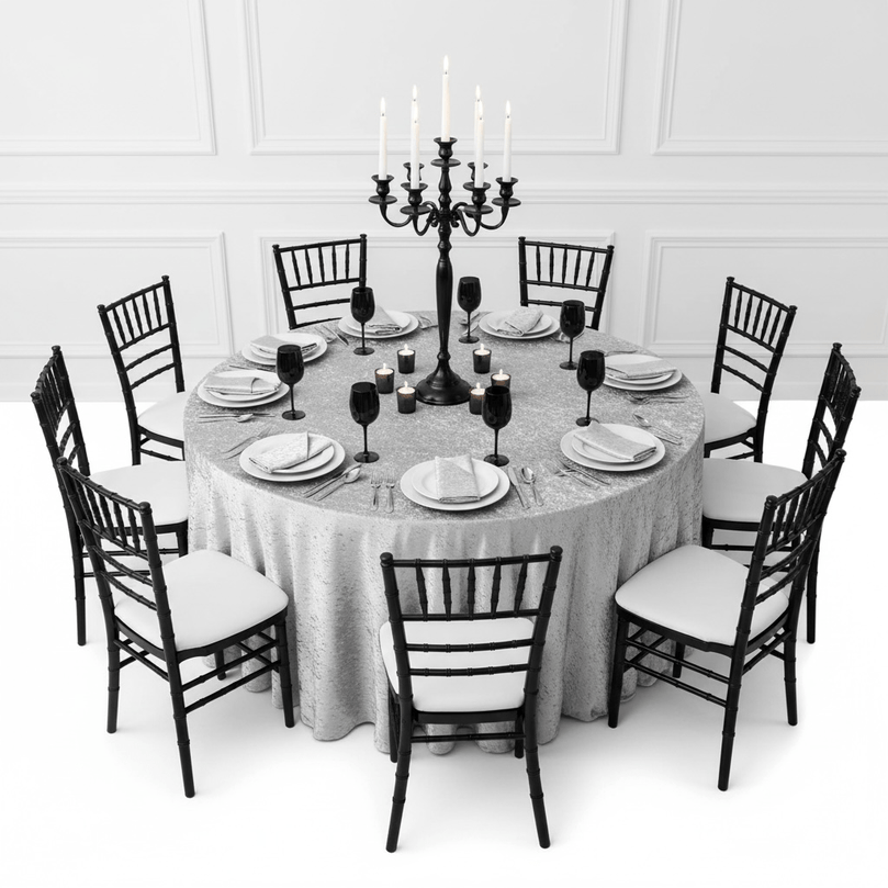 Round dining table set with silver velvet tablecloth, black chiavari chairs, candles, and tableware in a formal setting.
