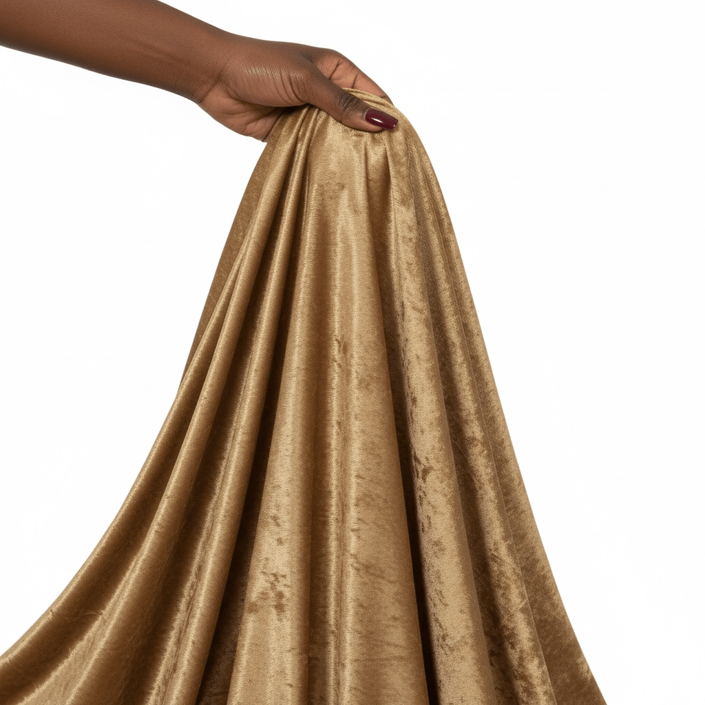 Hand holding mocha brown velvet fabric against a white background
