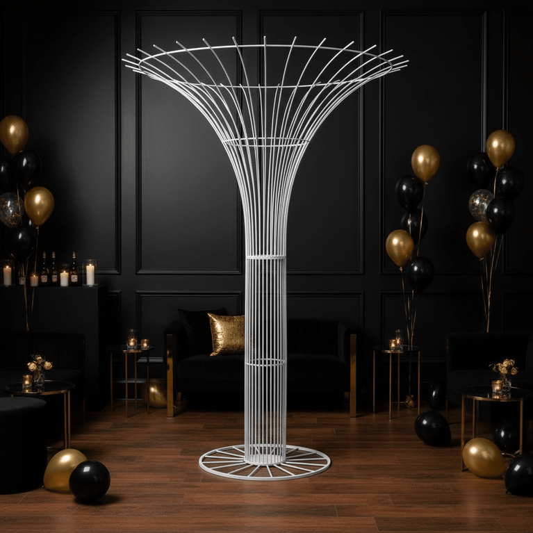 Decorative white tree-like wedding Prop structure in a room with black walls and balloons.
