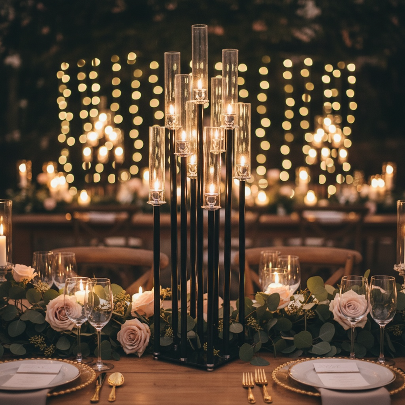 Decorative table setting with a black candle holder and flowers at night.