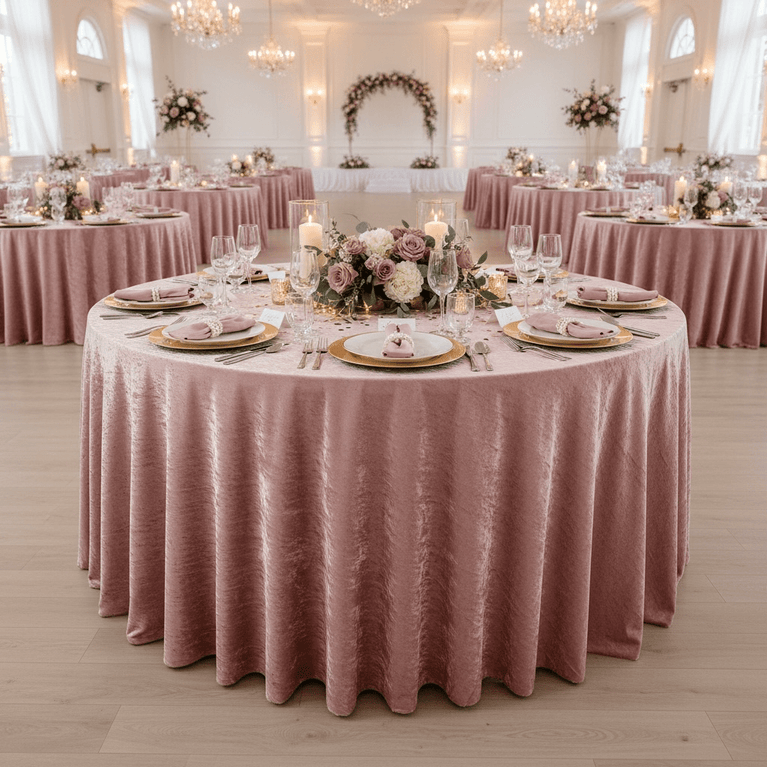 Decorated wedding reception with round tables, dusty pink velvet tablecloths, floral centerpieces, and candles.