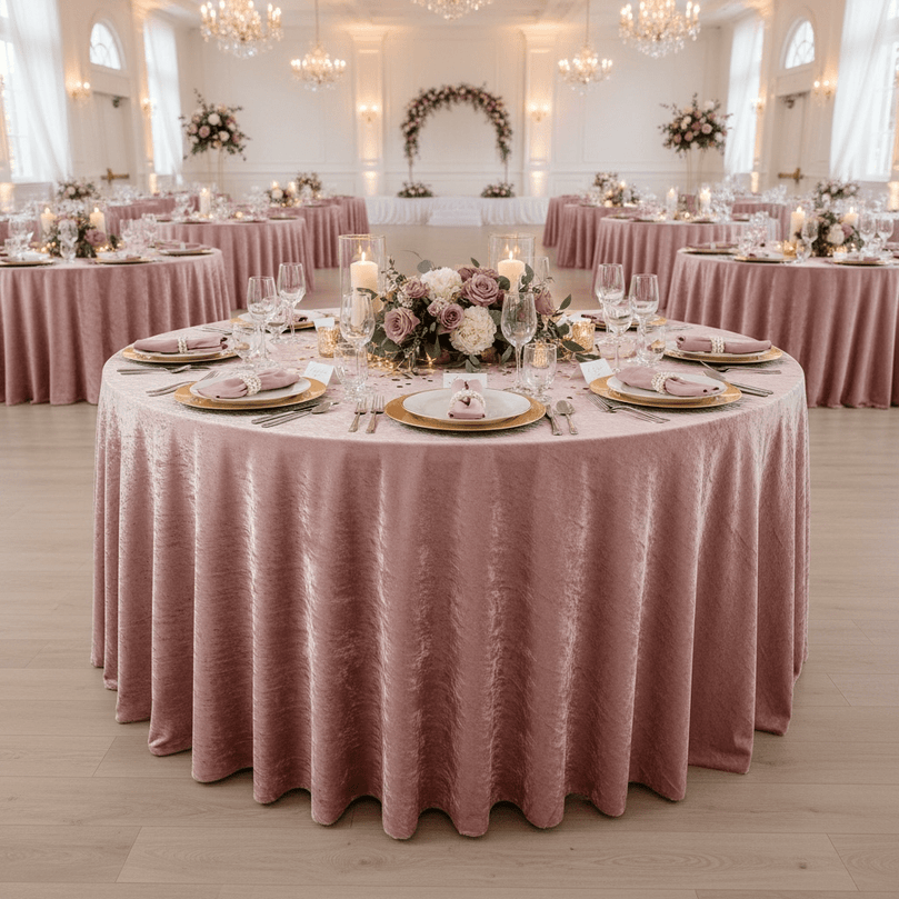 Decorated wedding reception with round tables, dusty pink velvet tablecloths, floral centerpieces, and candles.