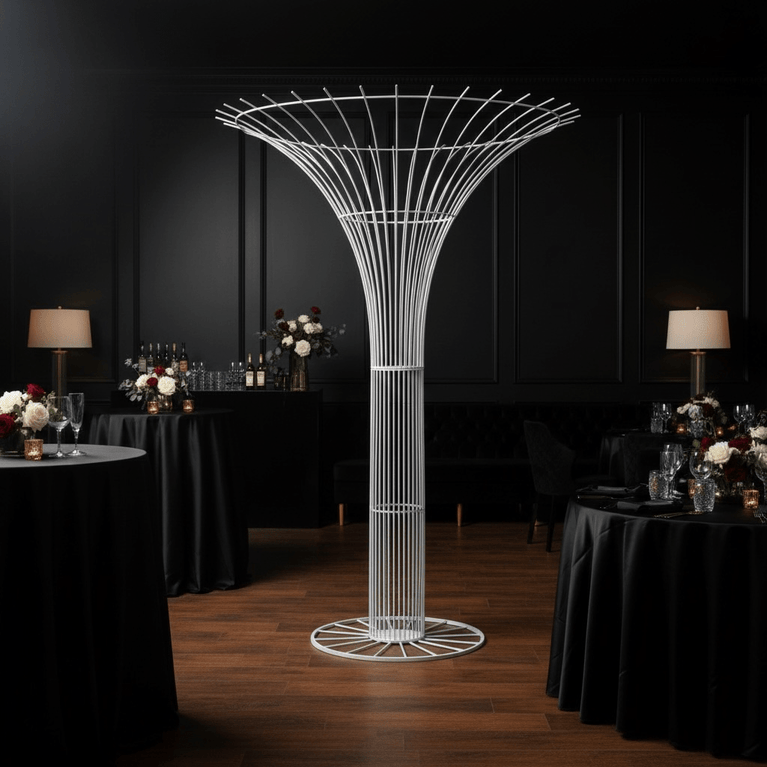 Modern decorative party rental stand in a dimly lit room with tables and lamps.