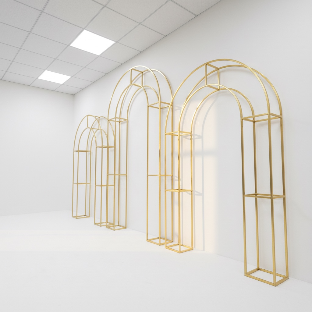 Set of gold arch-shaped wedding backdrops against a white wall.