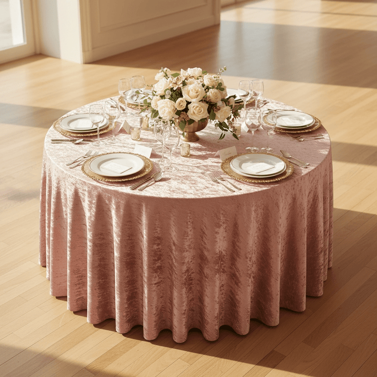 Round table set with a dusty pink velvet tablecloth, plates, glasses, and a floral centerpiece.