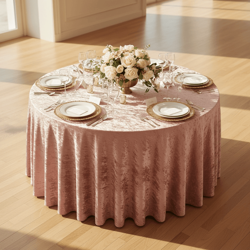 Round table set with a dusty pink velvet tablecloth, plates, glasses, and a floral centerpiece.