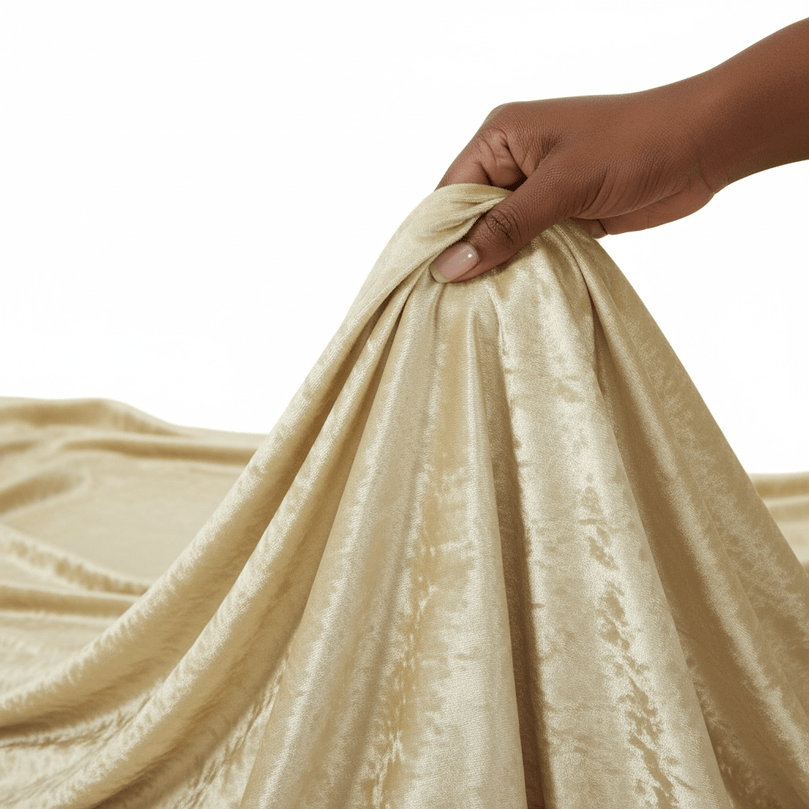 Hand holding champagne velvet fabric against a white background
