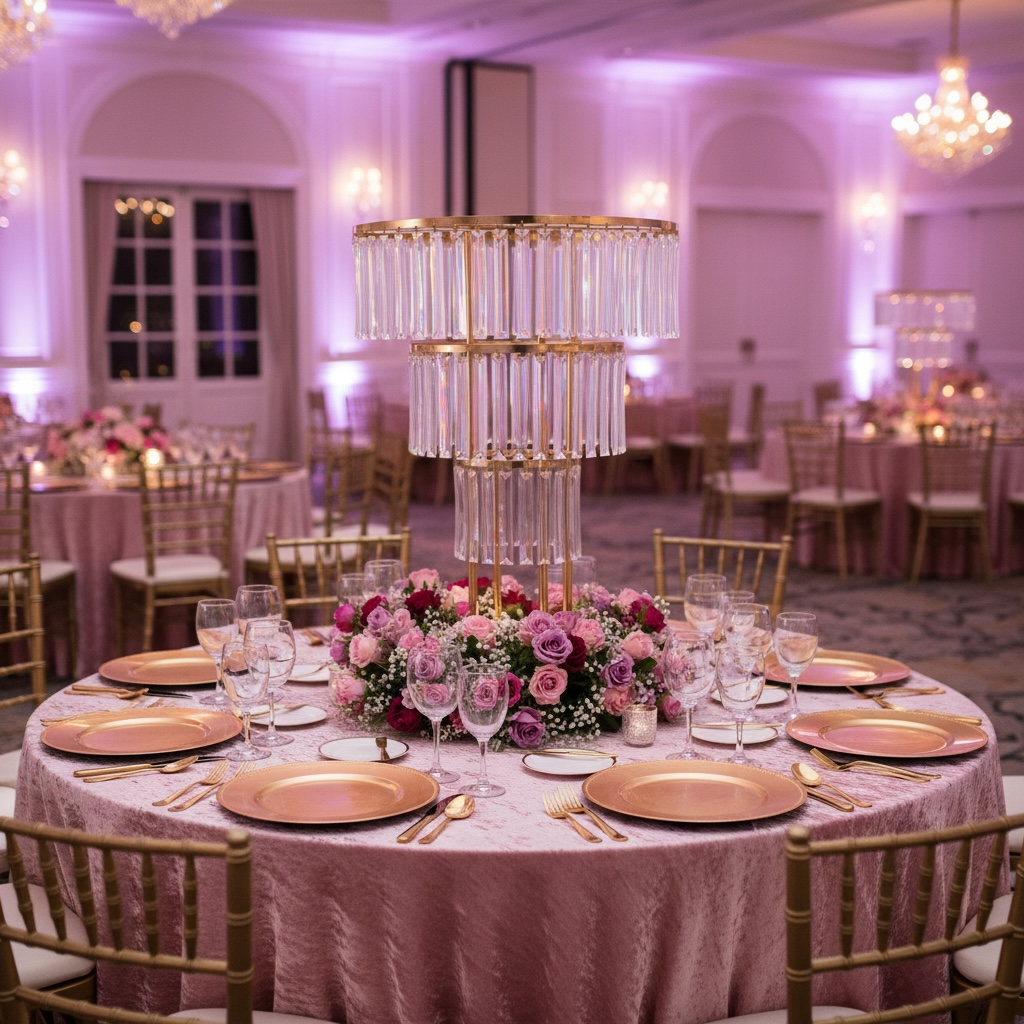 Decorated event table with pink tablecloth, floral crytal centerpiece, and gold plates in a banquet hall.
