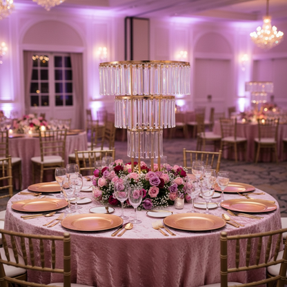 Decorated event table with pink tablecloth, floral crytal centerpiece, and gold plates in a banquet hall.