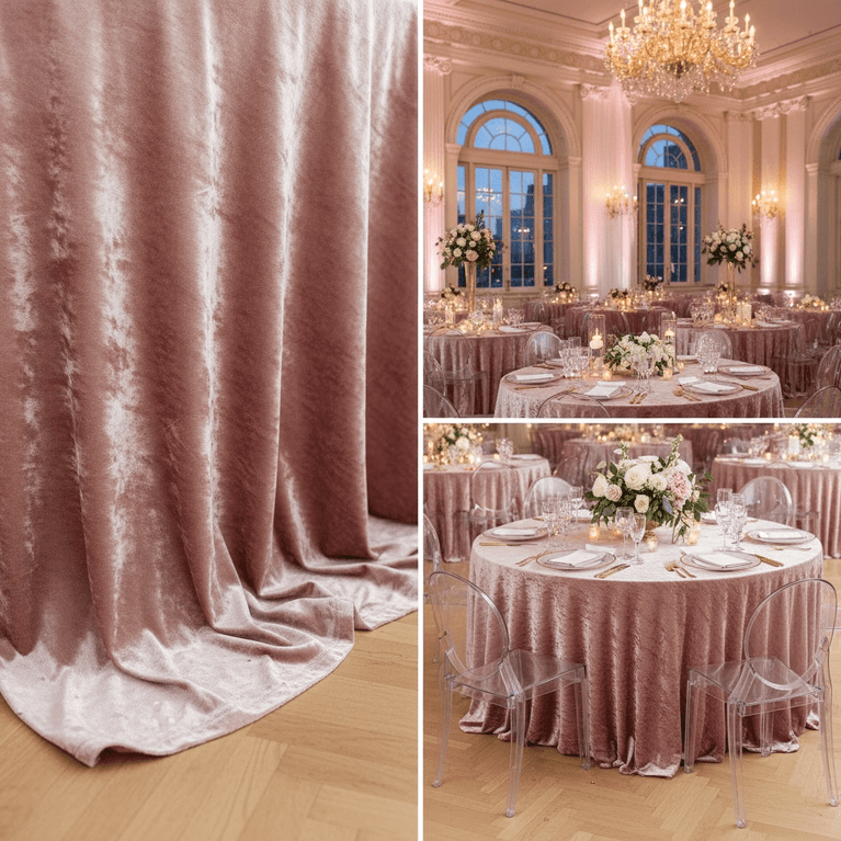Collage of dusty pink velvet tablecloth with a formal dining setup in a grand room.