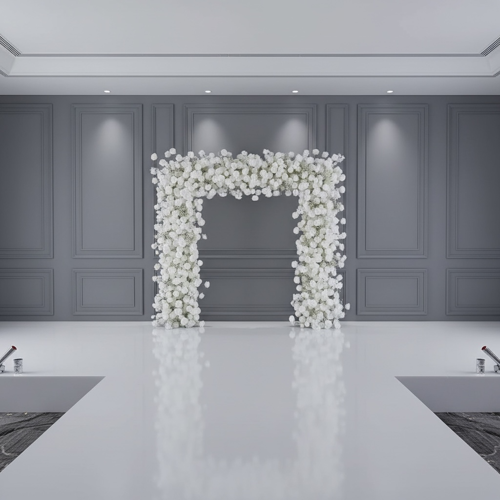 Decorative floral arch in a modern interior setting with gray walls and white floor.