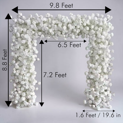 Measurement chart of a floral arch with dimensions on a gray background