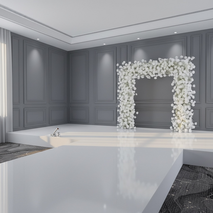 Modern wedding bnquet hall with a  decorative flower arch.